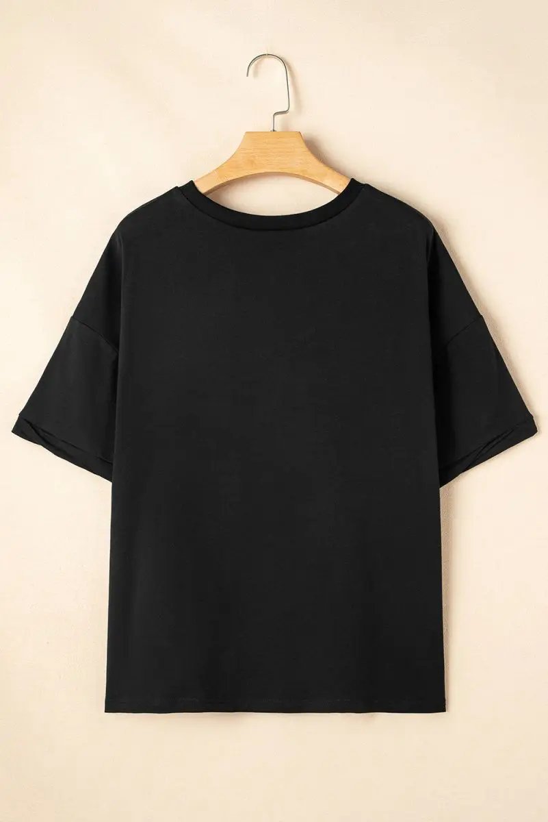 Black Sequin Strawberry Graphic High Low Relaxed Fit Tee - Love Salve